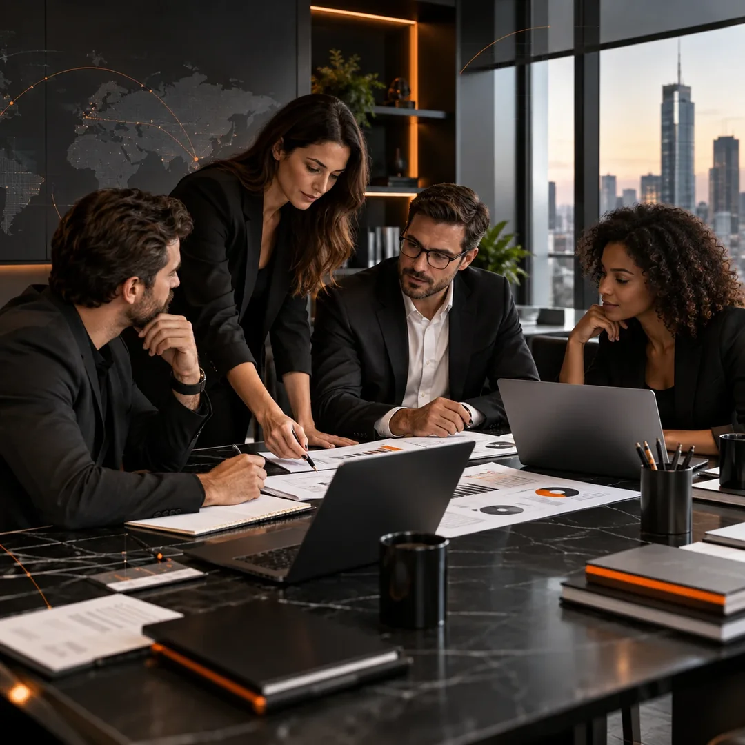 Equipe reunida em torno de uma mesa, analisando relatórios e ideias de projeto
