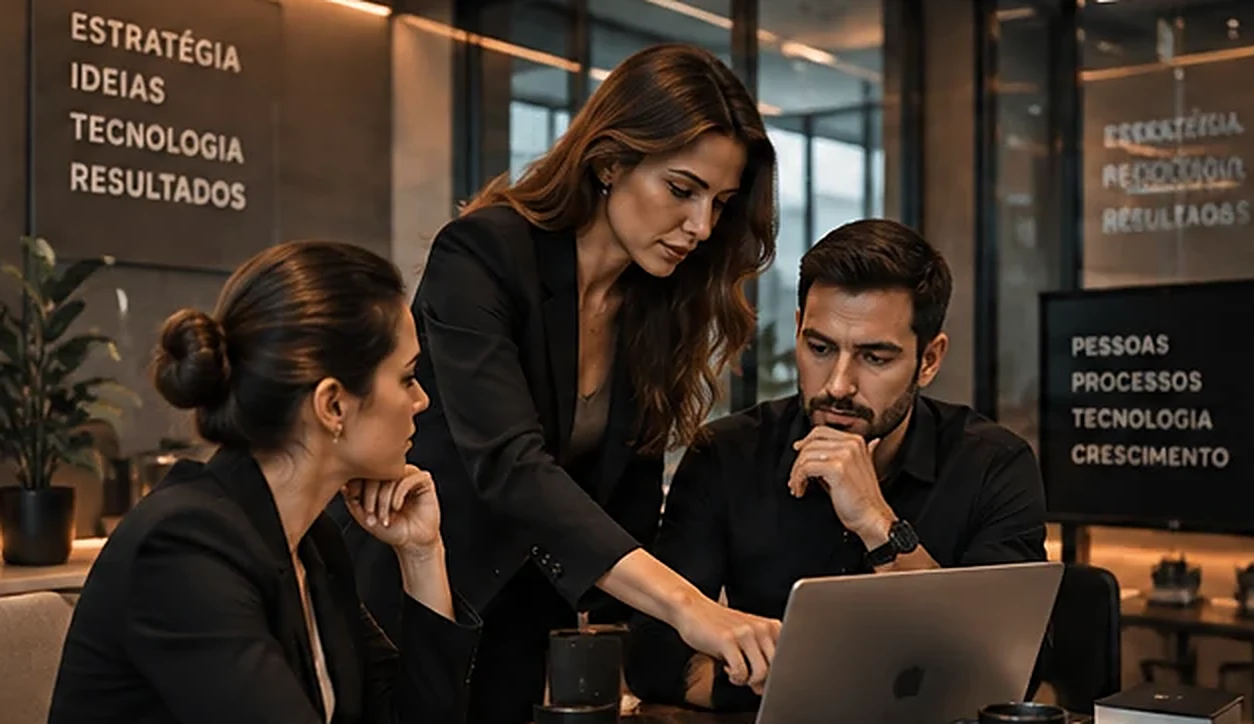 Equipe da BD Tech reunida em torno de um notebook, com painéis de estratégia, ideias, tecnologia e resultados ao fundo