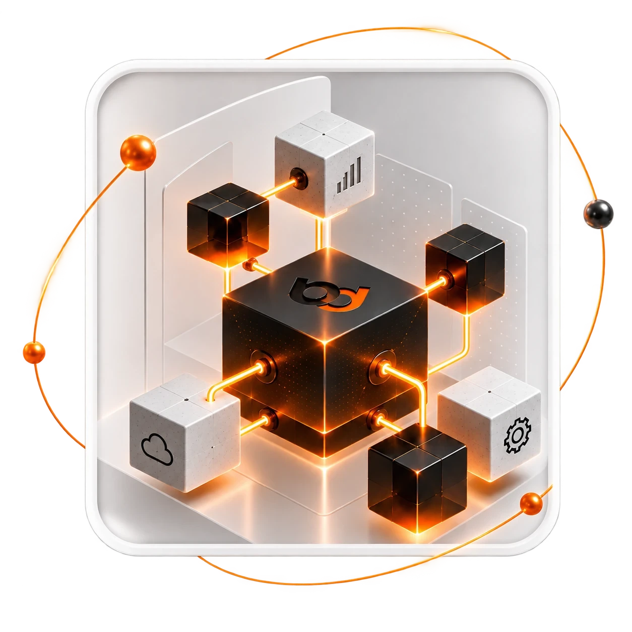 Estrutura 3D conectando ferramentas, dados e processos ao núcleo BD, em um cartão de vidro com órbitas laranja