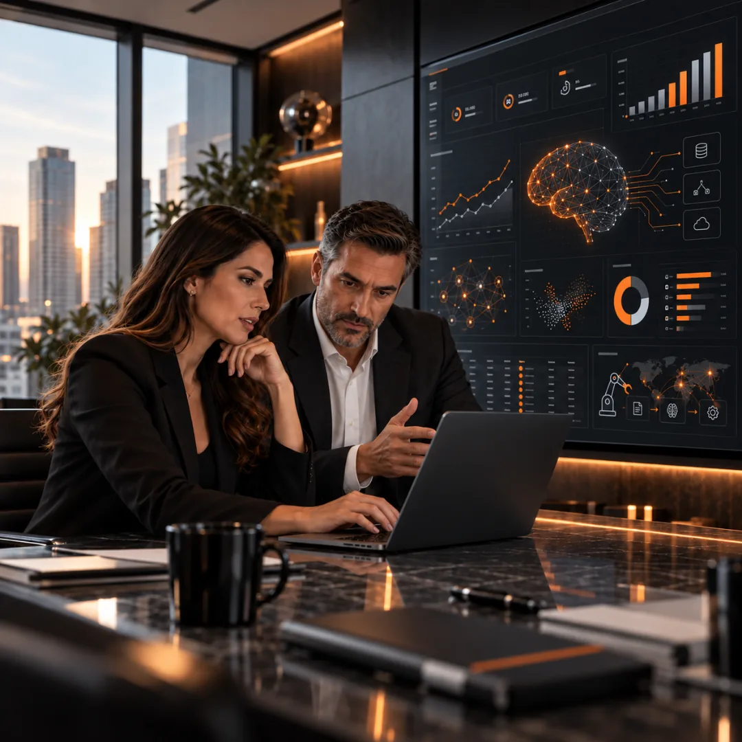 Consultores analisando um painel com inteligência artificial em uma sala de reunião com vista para a cidade