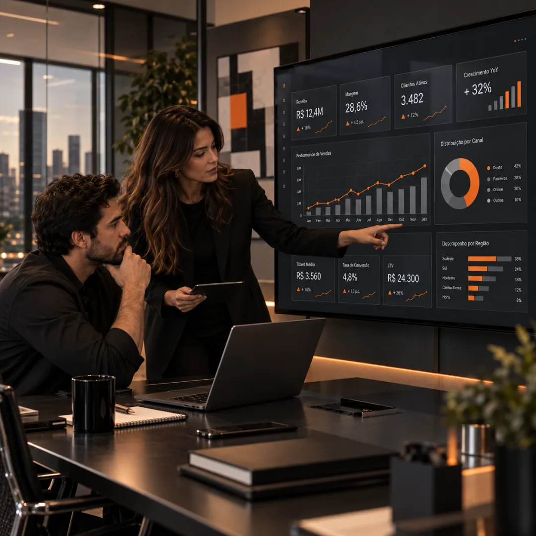 Equipe analisando dashboards de Business Intelligence com métricas e indicadores em um telão