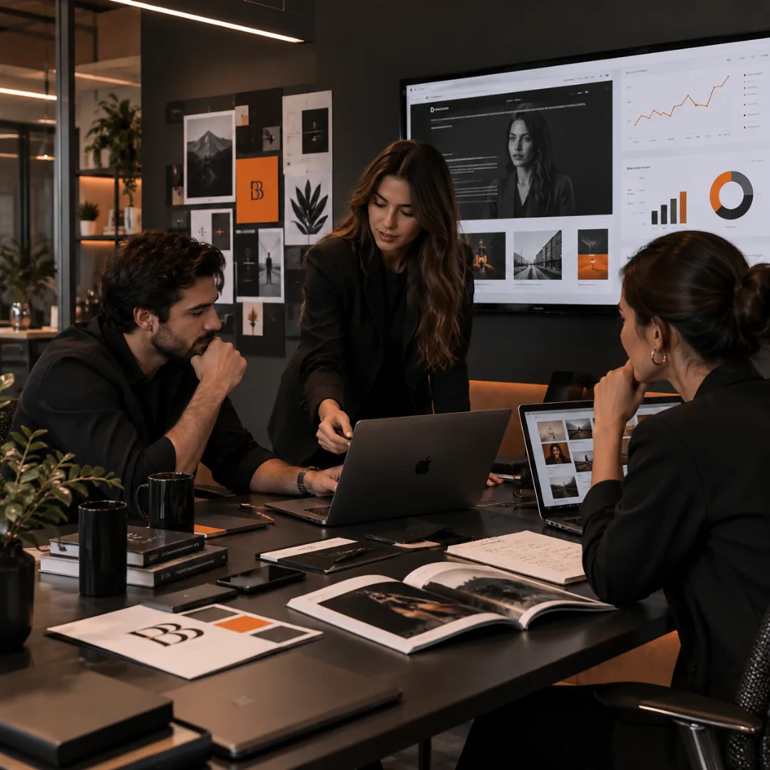 Equipe de marketing reunida em torno de um notebook, com identidade visual e painel de resultados ao fundo