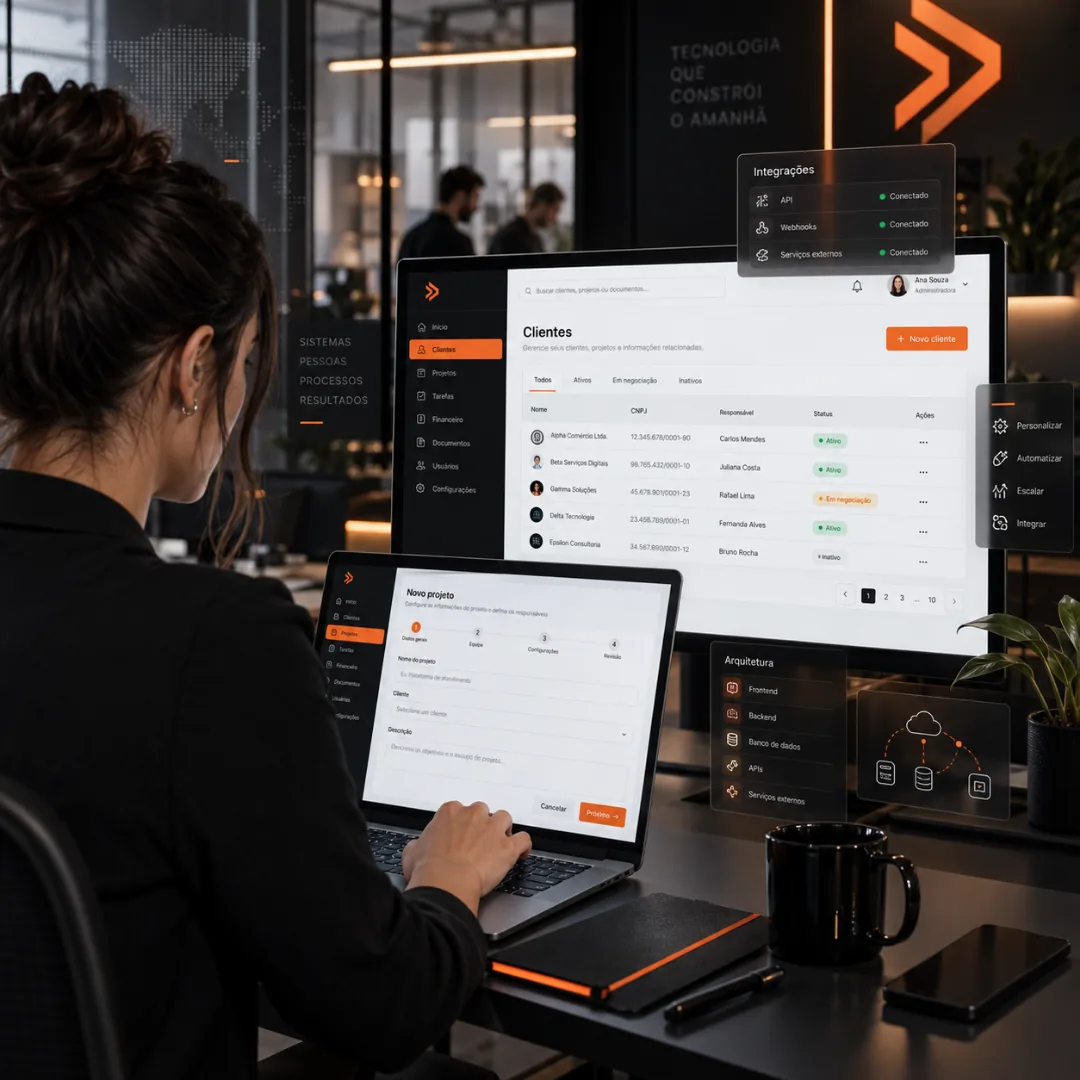 Desenvolvedora trabalhando em um sistema de gestão personalizado, com painel de integrações ao fundo