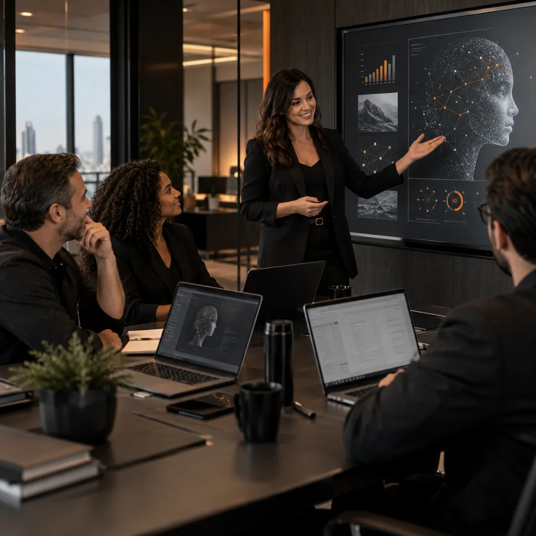 Instrutora apresentando conteúdo de inteligência artificial para uma equipe durante um treinamento
